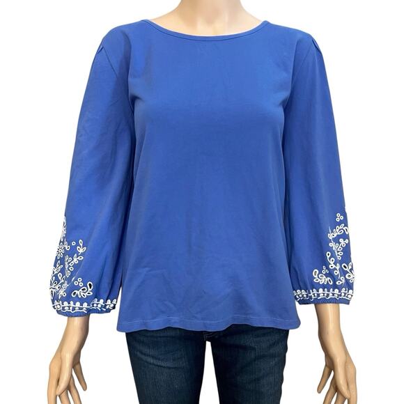Talbots Cotton Eyelet Embroidered Tshirt XL Blue 3/4 Sleeve Boat Neck Classic - Picture 1 of 9